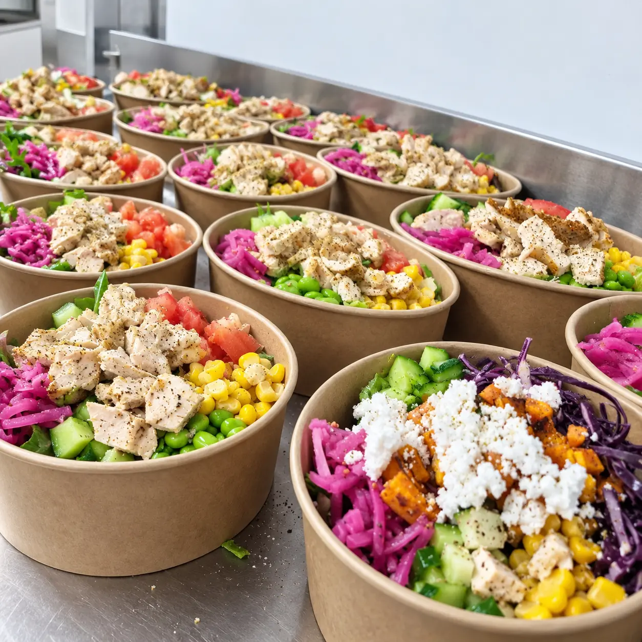 Många färdiga lunchskålar för catering från Dino's Café i Landskrona