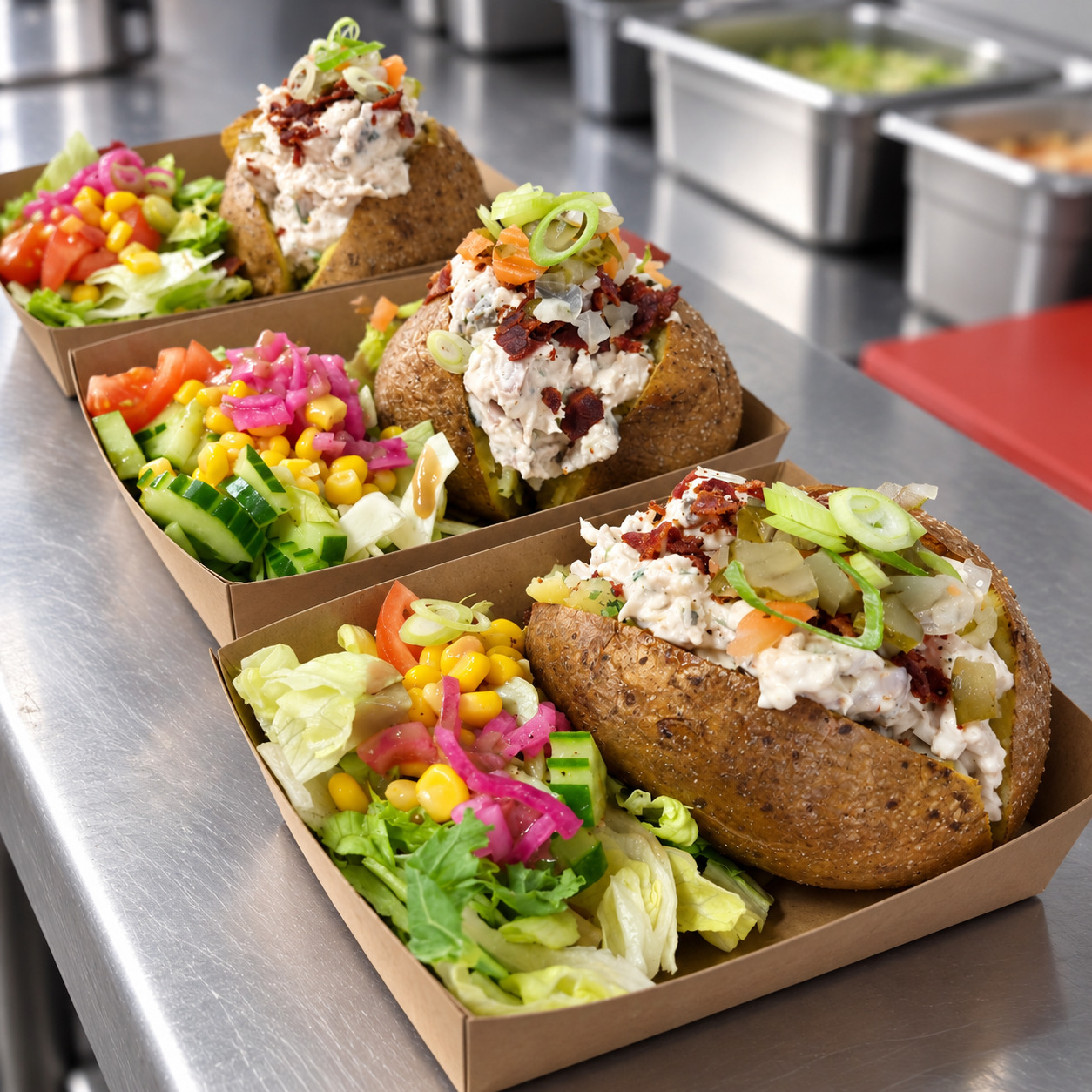 Färdiga lunchportioner med bakad potatis levererade till företag i Landskrona av Dino's Café