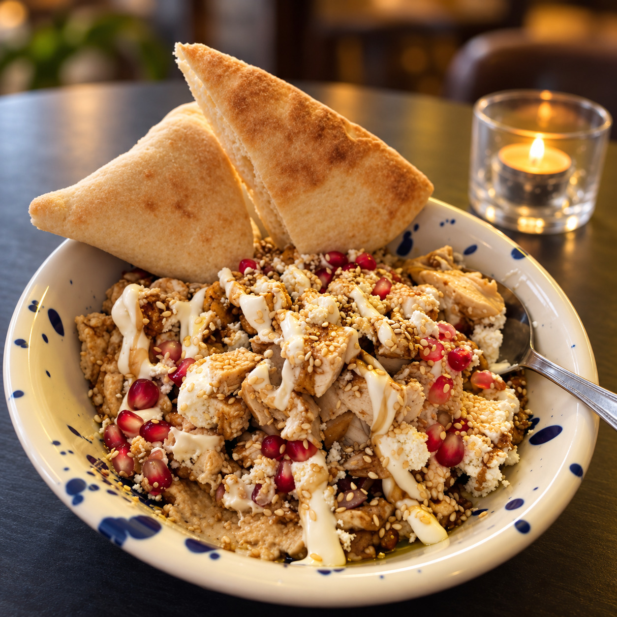 Hummus bowl med grönsaker och topping från Dino's Café i Landskrona